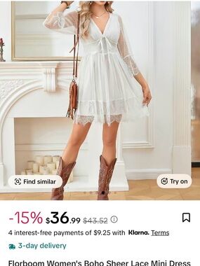 Women's Boho Sheer Lace Mini Dress in White